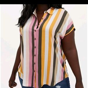 torrid Multi-Stripe Button Front Short Sleeve Top - Pink, Mustard & Olive